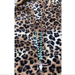 Longhorn Bull Skull Turquoise and Leather Necklace